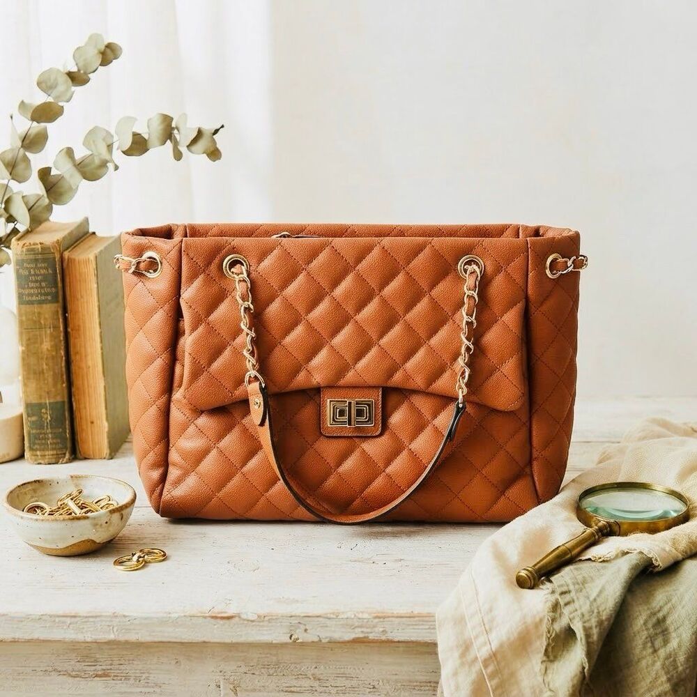 Quilted Cognac Brown Leather Tote Bag with Gold Chain Straps and Turn-Lock Closu